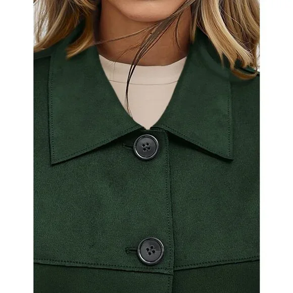 Women's Dark Green Faux Suede Cropped Jacket Casual Lightweight Fall Fashion - Picture 5 of 5